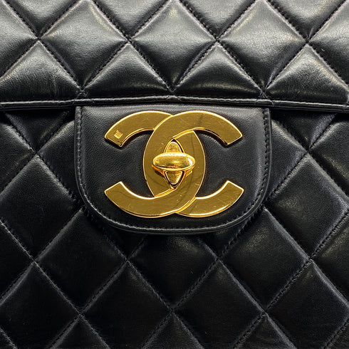 VINTAGE CHANEL CLASSIC FLAP JUMBO CHAIN SHOULDER BAG BLACK LAMB SKIN GOLD HARDWARE 90324817