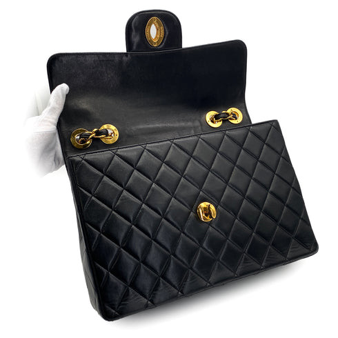 VINTAGE CHANEL CLASSIC FLAP JUMBO CHAIN SHOULDER BAG BLACK LAMB SKIN GOLD HARDWARE 90324817