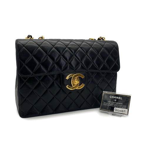 VINTAGE CHANEL CLASSIC FLAP JUMBO CHAIN SHOULDER BAG BLACK LAMB SKIN GOLD HARDWARE 90324817