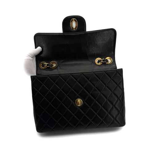VINTAGE CHANEL CLASSIC FLAP JUMBO CHAIN SHOULDER BAG BLACK LAMB SKIN GOLD HARDWARE 90322527
