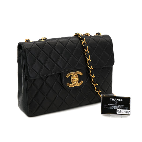 VINTAGE CHANEL CLASSIC FLAP JUMBO CHAIN SHOULDER BAG BLACK LAMB SKIN GOLD HARDWARE 90322527