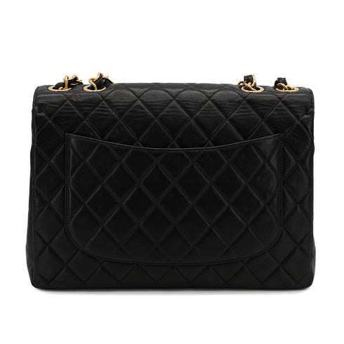 VINTAGE CHANEL CLASSIC FLAP JUMBO CHAIN SHOULDER BAG BLACK LAMB SKIN GOLD HARDWARE 90322527