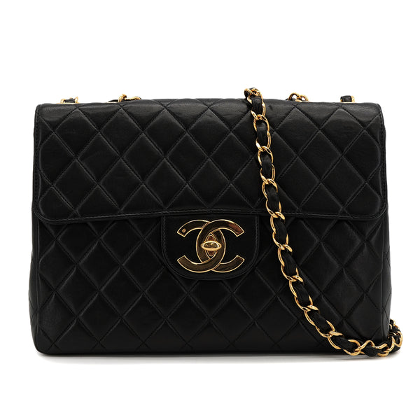 VINTAGE CHANEL CLASSIC FLAP JUMBO CHAIN SHOULDER BAG BLACK LAMB SKIN GOLD HARDWARE 90322527