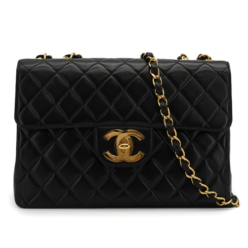 VINTAGE CHANEL CLASSIC FLAP JUMBO CHAIN SHOULDER BAG BLACK LAMB SKIN GOLD HARDWARE 90334263