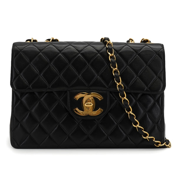 VINTAGE CHANEL CLASSIC FLAP JUMBO CHAIN SHOULDER BAG BLACK LAMB SKIN GOLD HARDWARE 90334263
