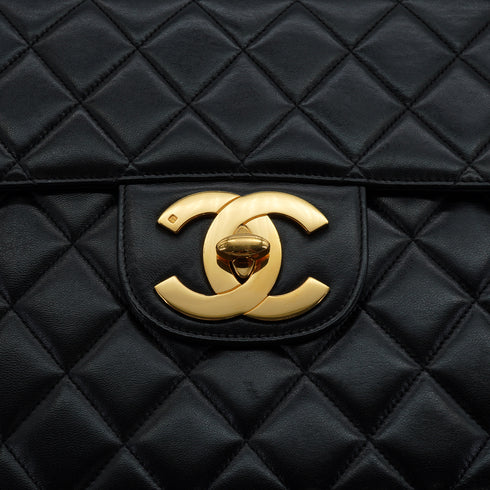 VINTAGE CHANEL CLASSIC FLAP JUMBO CHAIN SHOULDER BAG BLACK LAMB SKIN GOLD HARDWARE 90334263