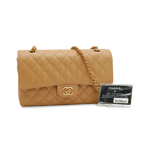 VINTAGE CHANEL CLASSIC FLAP MEDIUM CHAIN SHOULDER BAG BEIGE CAVIAR SKIN GOLD HARDWARE 90343003