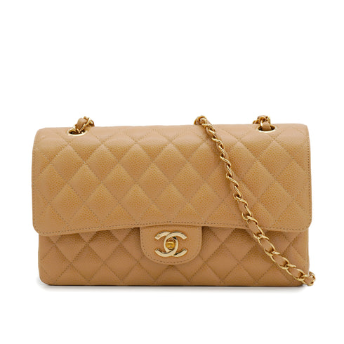 VINTAGE CHANEL CLASSIC FLAP MEDIUM CHAIN SHOULDER BAG BEIGE CAVIAR SKIN GOLD HARDWARE 90343003