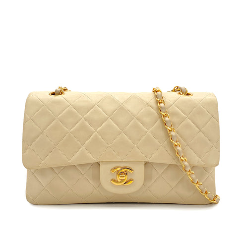 VINTAGE CHANEL CLASSIC FLAP MEDIUM CHAIN SHOULDER BAG BEIGE LAMB SKIN GOLD HARDWARE 90314339