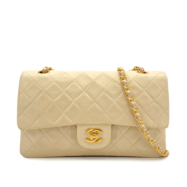 VINTAGE CHANEL CLASSIC FLAP MEDIUM CHAIN SHOULDER BAG BEIGE LAMB SKIN GOLD HARDWARE 90314339