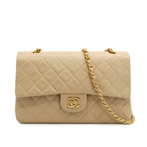 VINTAGE CHANEL CLASSIC FLAP MEDIUM CHAIN SHOULDER BAG BEIGE LAMB SKIN GOLD HARDWARE 90321010