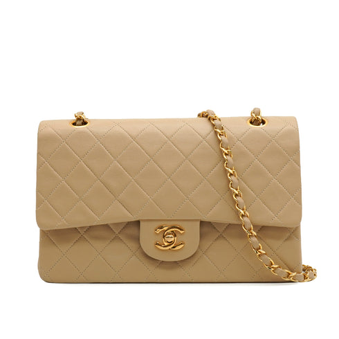 VINTAGE CHANEL CLASSIC FLAP MEDIUM CHAIN SHOULDER BAG BEIGE LAMB SKIN GOLD HARDWARE 90345501