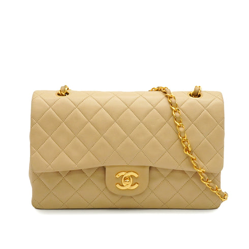 VINTAGE CHANEL CLASSIC FLAP MEDIUM CHAIN SHOULDER BAG BEIGE LAMB SKIN GOLD HARDWARE 90347822