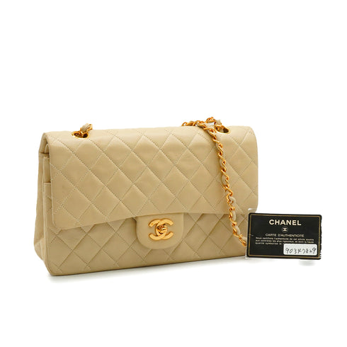 VINTAGE CHANEL CLASSIC FLAP MEDIUM CHAIN SHOULDER BAG BEIGE LAMB SKIN GOLD HARDWARE 90347829