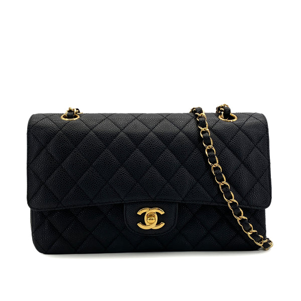 VINTAGE CHANEL CLASSIC FLAP MEDIUM CHAIN SHOULDER BAG BLACK CAVIAR SKIN GOLD HARDWARE 90319586