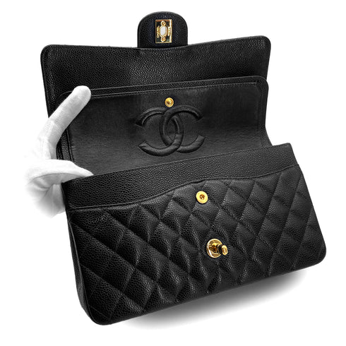 VINTAGE CHANEL CLASSIC FLAP MEDIUM CHAIN SHOULDER BAG BLACK CAVIAR SKIN GOLD HARDWARE 90327992