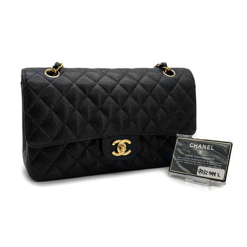 VINTAGE CHANEL CLASSIC FLAP MEDIUM CHAIN SHOULDER BAG BLACK CAVIAR SKIN GOLD HARDWARE 90327992