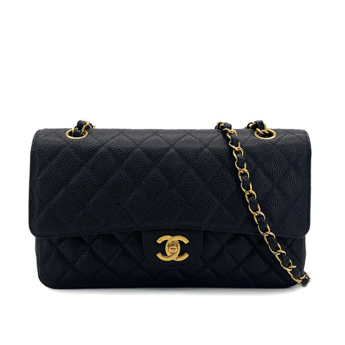 VINTAGE CHANEL CLASSIC FLAP MEDIUM CHAIN SHOULDER BAG BLACK CAVIAR SKIN GOLD HARDWARE 90314358