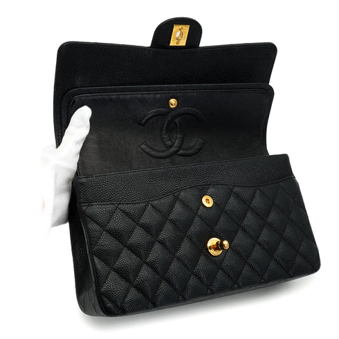 VINTAGE CHANEL CLASSIC FLAP MEDIUM CHAIN SHOULDER BAG BLACK CAVIAR SKIN GOLD HARDWARE 90337659