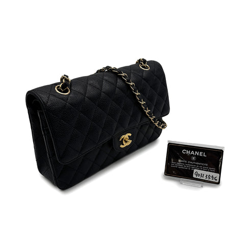 VINTAGE CHANEL CLASSIC FLAP MEDIUM CHAIN SHOULDER BAG BLACK CAVIAR SKIN GOLD HARDWARE 90313556