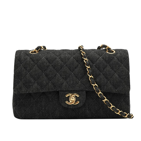 VINTAGE CHANEL CLASSIC FLAP MEDIUM CHAIN SHOULDER BAG BLACK DENIM GOLD HARDWARE 90348499