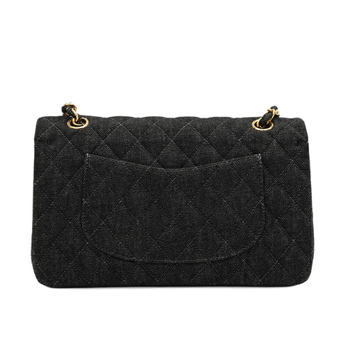 VINTAGE CHANEL CLASSIC FLAP MEDIUM CHAIN SHOULDER BAG BLACK DENIM GOLD HARDWARE 90348499