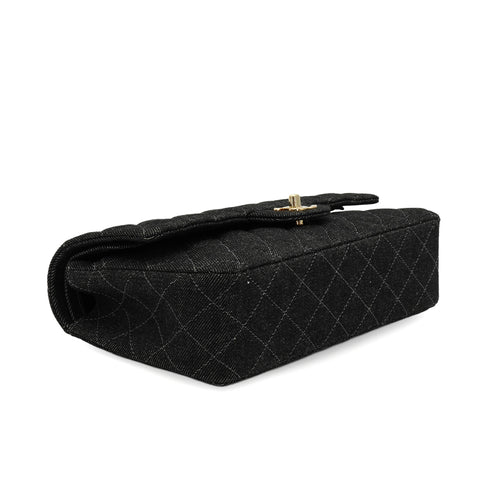 VINTAGE CHANEL CLASSIC FLAP MEDIUM CHAIN SHOULDER BAG BLACK DENIM GOLD HARDWARE 90348499