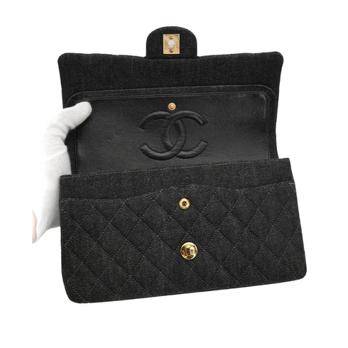 VINTAGE CHANEL CLASSIC FLAP MEDIUM CHAIN SHOULDER BAG BLACK DENIM GOLD HARDWARE 90348499