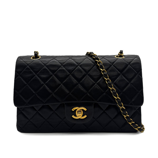 VINTAGE CHANEL CLASSIC FLAP MEDIUM CHAIN SHOULDER BAG BLACK LAMB SKIN GOLD HARDWARE 90317927