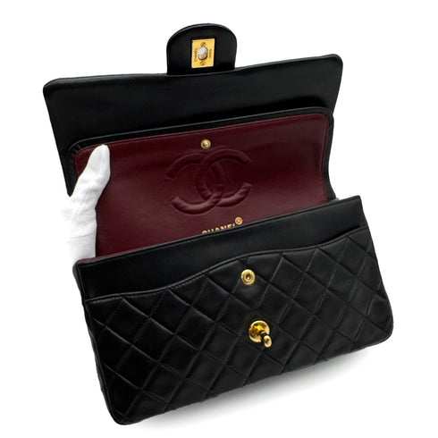 VINTAGE CHANEL CLASSIC FLAP MEDIUM CHAIN SHOULDER BAG BLACK LAMB SKIN GOLD HARDWARE 90318219