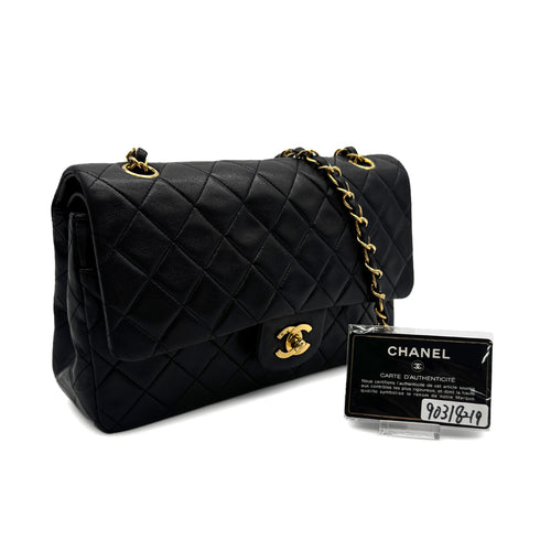 VINTAGE CHANEL CLASSIC FLAP MEDIUM CHAIN SHOULDER BAG BLACK LAMB SKIN GOLD HARDWARE 90318219