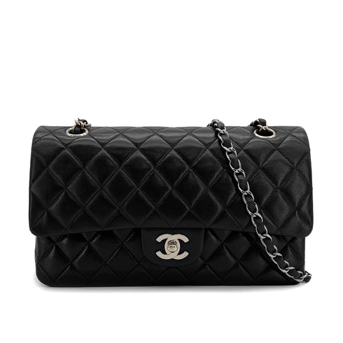 VINTAGE CHANEL CLASSIC FLAP MEDIUM CHAIN SHOULDER BAG BLACK LAMB SKIN SILVER HARDWARE 90324277