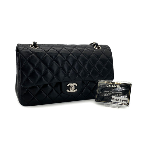 VINTAGE CHANEL CLASSIC FLAP MEDIUM CHAIN SHOULDER BAG BLACK LAMB SKIN SILVER HARDWARE 90324277