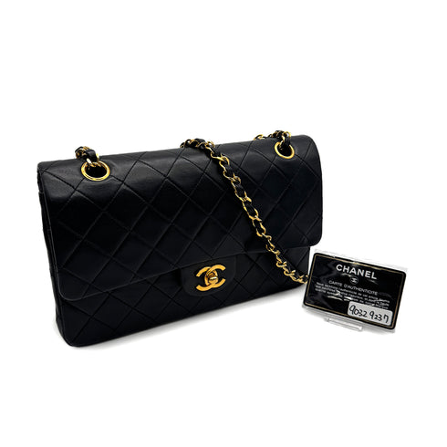 VINTAGE CHANEL CLASSIC FLAP MEDIUM CHAIN SHOULDER BAG BLACK LAMB SKIN GOLD HARDWARE 90329237