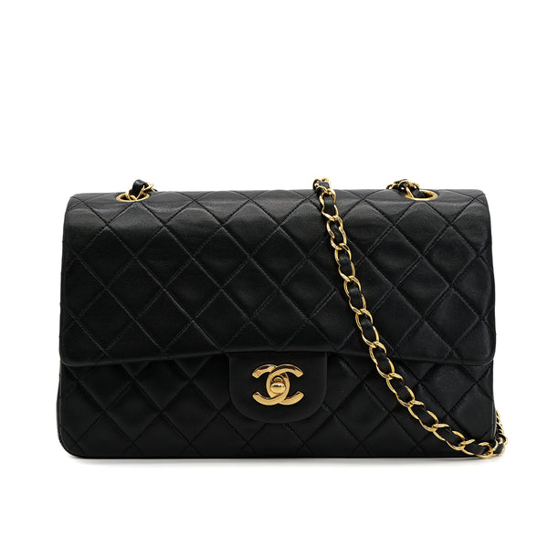 VINTAGE CHANEL CLASSIC FLAP MEDIUM CHAIN SHOULDER BAG BLACK LAMB SKIN GOLD HARDWARE 90321007