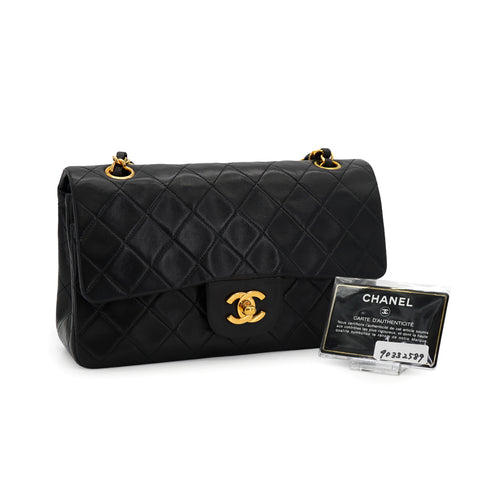 VINTAGE CHANEL CLASSIC FLAP SMALL CHAIN SHOULDER BAG BLACK LAMB SKIN GOLD HARDWARE 90332589