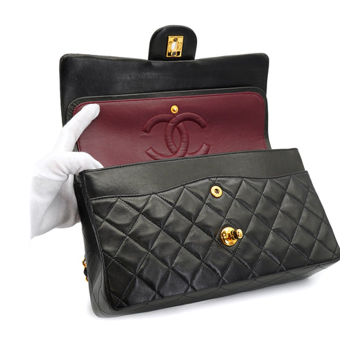 VINTAGE CHANEL CLASSIC FLAP MEDIUM CHAIN SHOULDER BAG BLACK LAMB SKIN GOLD HARDWARE 90334157