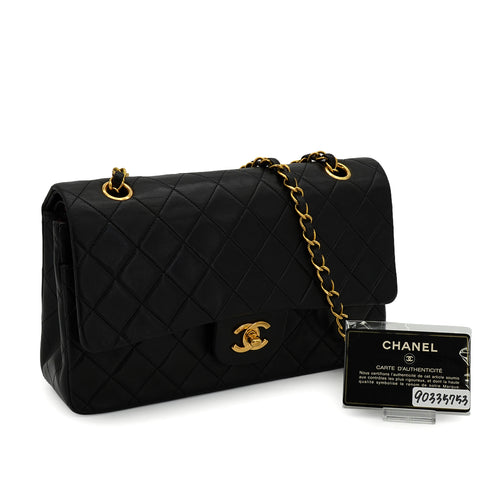 VINTAGE CHANEL CLASSIC FLAP MEDIUM CHAIN SHOULDER BAG BLACK LAMB SKIN GOLD HARDWARE 90335753