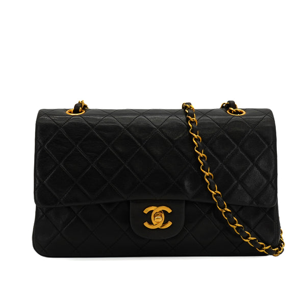 VINTAGE CHANEL CLASSIC FLAP MEDIUM CHAIN SHOULDER BAG BLACK LAMB SKIN GOLD HARDWARE 90350583