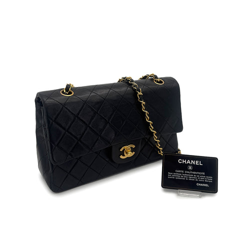 VINTAGE CHANEL CLASSIC FLAP MEDIUM CHAIN SHOULDER BAG BLACK LAMB SKIN GOLD HARDWARE 90315009