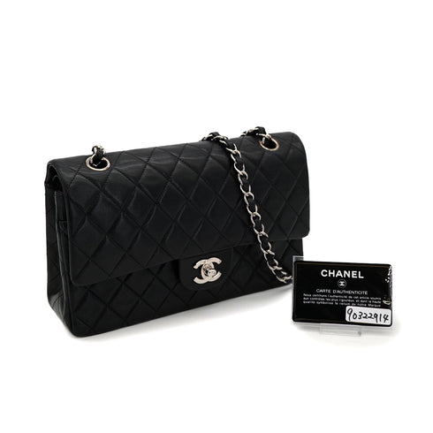 VINTAGE CHANEL CLASSIC FLAP MEDIUM CHAIN SHOULDER BAG BLACK LAMB SKIN SILVER HARDWARE 90322914