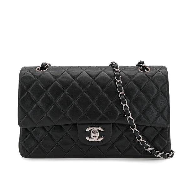 VINTAGE CHANEL CLASSIC FLAP MEDIUM CHAIN SHOULDER BAG BLACK LAMB SKIN SILVER HARDWARE 90322914