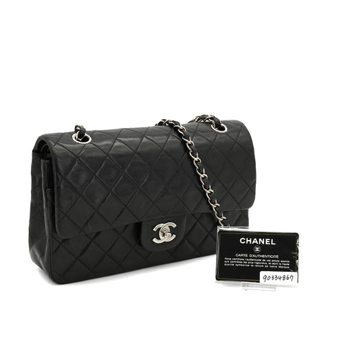 VINTAGE CHANEL CLASSIC FLAP MEDIUM CHAIN SHOULDER BAG BLACK LAMB SKIN SILVER HARDWARE 90334867