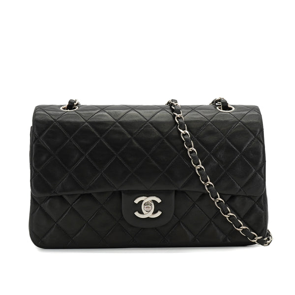 VINTAGE CHANEL CLASSIC FLAP MEDIUM CHAIN SHOULDER BAG BLACK LAMB SKIN SILVER HARDWARE 90334867