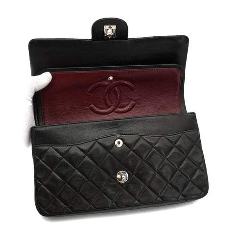 VINTAGE CHANEL CLASSIC FLAP MEDIUM CHAIN SHOULDER BAG BLACK LAMB SKIN SILVER HARDWARE 90334867