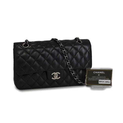VINTAGE CHANEL CLASSIC FLAP MEDIUM CHAIN SHOULDER BAG BLACK LAMB SKIN SILVER HARDWARE 90341442