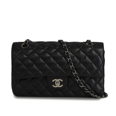VINTAGE CHANEL CLASSIC FLAP MEDIUM CHAIN SHOULDER BAG BLACK LAMB SKIN SILVER HARDWARE 90341442