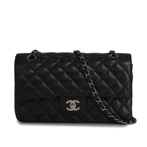 VINTAGE CHANEL CLASSIC FLAP MEDIUM CHAIN SHOULDER BAG BLACK LAMB SKIN SILVER HARDWARE 90341442