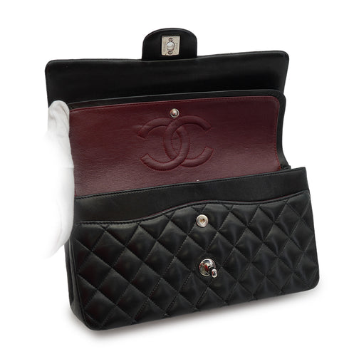 VINTAGE CHANEL CLASSIC FLAP MEDIUM CHAIN SHOULDER BAG BLACK LAMB SKIN SILVER HARDWARE 90341442