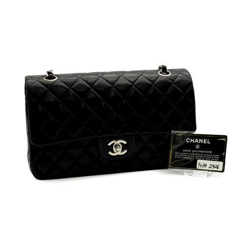 VINTAGE CHANEL CLASSIC FLAP MEDIUM CHAIN SHOULDER BAG BLACK LAMB SKIN SILVER HARDWARE 90342426